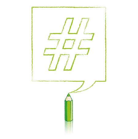 Green Pencil with Reflection Drawing Outlined Hashtag in Square Speech Bubble on White Backgroundのイラスト素材