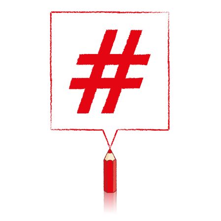 Red Pencil with Reflection Drawing Hashtag in Square Speech Bubble on White Backgroundのイラスト素材