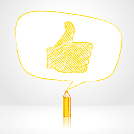 Yellow Pencil with Reflection Drawing Thumbs Up Symbol in irregular shaped Speech Bubble on Pale Backgroundのイラスト素材