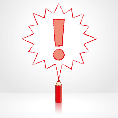 Red Pencil with Reflection Drawing Exclamation Mark in Pointed Starburst Speech Bubble on Pale Grey Backgroundのイラスト素材