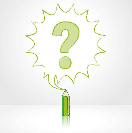 Green Pencil with Reflection Drawing Question Mark in Starburst Speech Bubble Grey Backgroundのイラスト素材