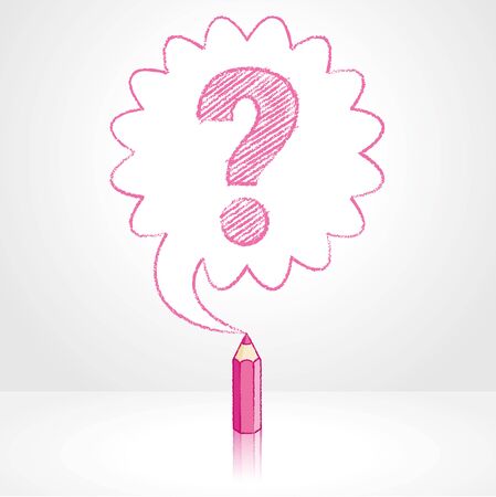 Pink Pencil with Reflection Drawing Question Mark in Rounded Starburst Speech Bubble Grey Backgroundのイラスト素材