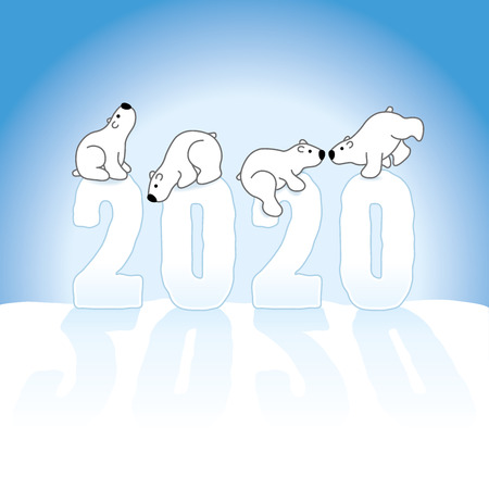 Four Cute Polar Bears Balancing on Frozen New Year 2020 with long shadows in Snow with Ice Blue Backgroundのイラスト素材