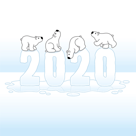 Four Cute Polar Bears Balancing on Melting Ice New Year 2020 on Ice Cold Puddle with Reflectionsのイラスト素材