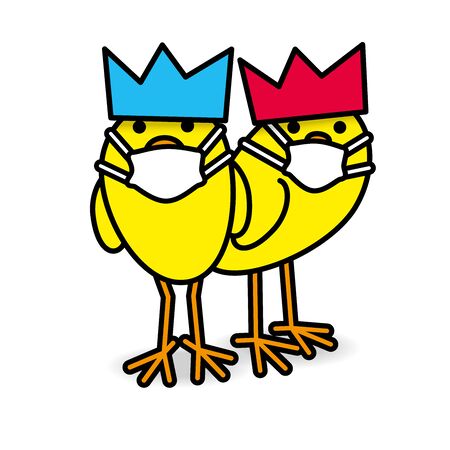Two Cute Yellow Party Chicks wearing Paper Crown Hats and Medical Masks to protect against pollution and viruses while staring towards cameraのイラスト素材