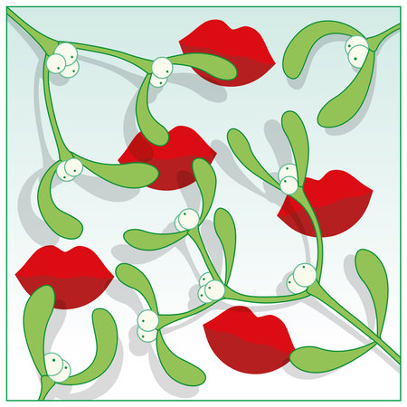 Loose sprigs of Festive Mistletoe with shadows and red lips on a cool backgroundのイラスト素材