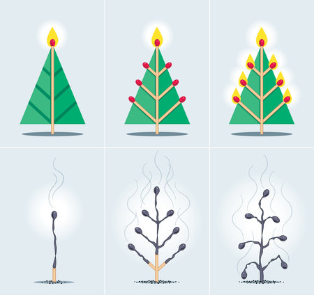 Green Triangle Christmas Trees made with Red Headed Matches and Yellow Flames plus burnt ashesのイラスト素材