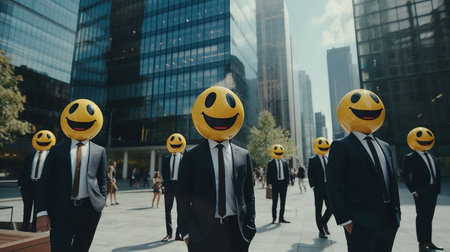 Business people with smileys on their faces in front of office buildingsの素材
