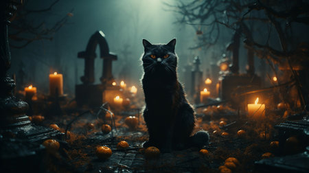 Black cat sitting in a spooky cemetery at night. Halloween concept.の素材