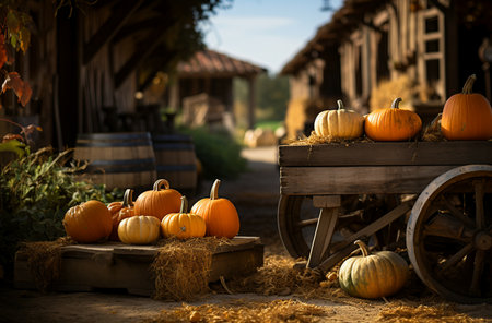 Halloween pumpkins in front of old wooden houses in the countrysideの素材