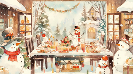 Watercolor illustration of a table with christmas food in the snowの素材
