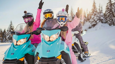 Group of friends having fun on snowmobile in the mountains at sunny winter dayの素材