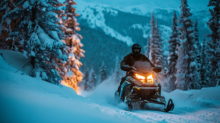 Athlete on a snowmobile in the mountains at night.の素材