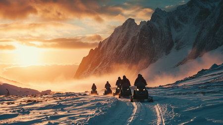 Group of people on snowmobile in winter mountains at sunset. Snowmobilingの素材