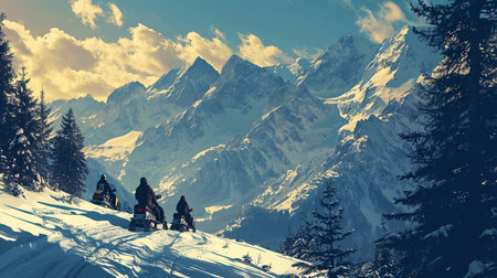 Group of snowboarders on the background of mountains and blue skyの素材