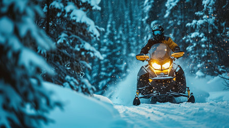Athlete on a snowmobile moving through the snowy forest.の素材