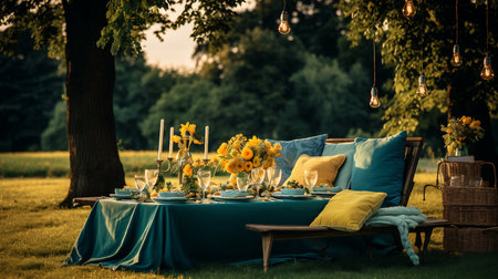 Luxury table setting in the garden at sunset. Vintage color tone.の素材