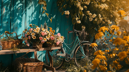 Bicycle with basket of flowers on the background of blue wooden wallの素材