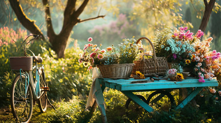 Basket with flowers and basket with wicker basket in the gardenの素材