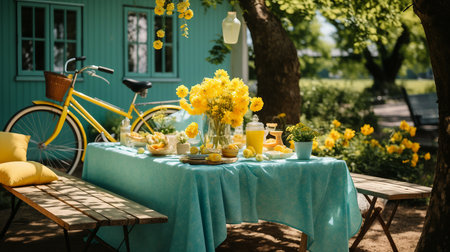 Beautiful spring table setting with yellow flowers and vintage bicycle in parkの素材