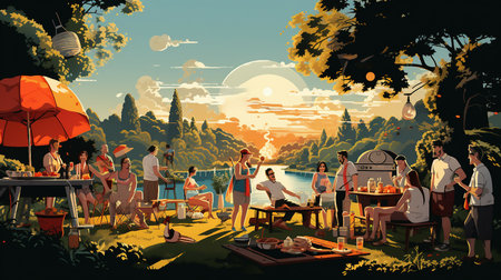 Summer picnic on the lake. Vector illustration of a summer picnic.の素材