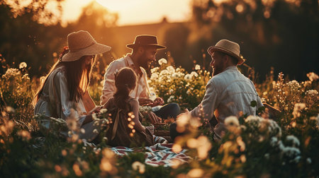 Happy family having picnic in the meadow at sunset. People having fun outdoors.の素材