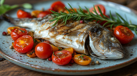 Grilled fish with cherry tomatoes and rosemary on a plate.の素材