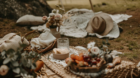 Picnic in the woods. A basket of dried flowers, a bottle of water and a hat on a straw tablecloth.の素材