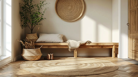 Interior of modern living room with wooden bench, rattan chair and plantsの素材