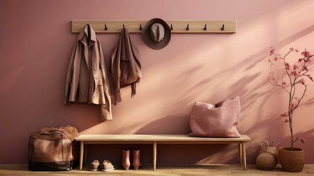 Interior of modern living room with pink walls, wooden floor, beige sofa, coffee table and clothes. 3d renderの素材