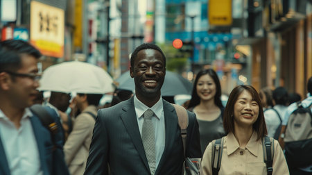 Group of business people walking in the street in Tokyo, Japan.の素材