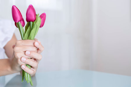 detail of the hands of the young woman holding a fuchsia bouquet of tulipsの写真素材
