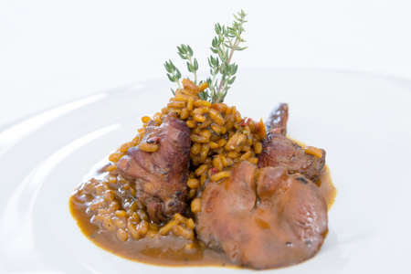 closeup of a plate of sticky rice with rabbit decorated with rosemary, valencian paella, Spainの写真素材