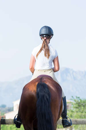 back view of a young woman on horseback at the countryside - focus on the helmetの写真素材