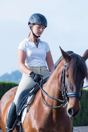 young woman on horseback at the byre - focus on the faceの写真素材