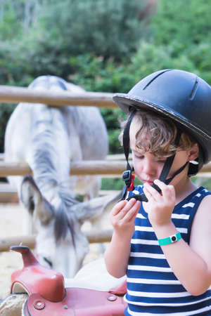 young boy rider fits his helmet sitting on barley bales next to a saddle at the stable at the farm - focus on the right eyeの写真素材