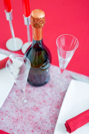 Valentines day composition with fizz and glasses. From aboveの写真素材