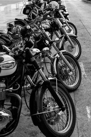 ALICANTE, SPAIN - SEPTEMBER 25, 2016: Collection of motorcycles are parked on the Distinguished Gentleman's Ride day, a global fundraiser for prostate cancer and men's health investigation. White and black.のeditorial素材