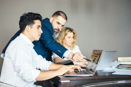 Adult bearded man pointing with pen at laptop screen of young manの写真素材