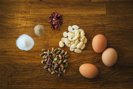 Still life of arranged ingredients on table.From aboveの写真素材