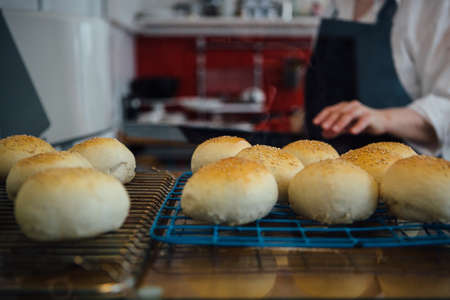Close-up of baking buns with sesameの写真素材
