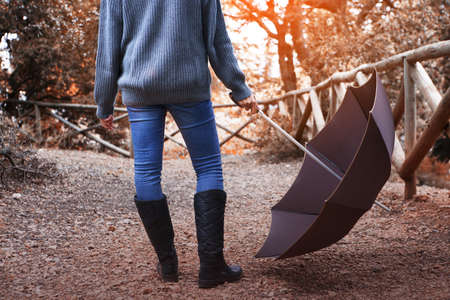 Cropped view of a woman wearing rain boots holding an umbrella on an autumn forest. Sunrise or sunset lightsの写真素材