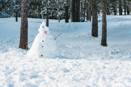 Funny snowman on a snow landscape. Useful as a background. Copy space area availableの写真素材