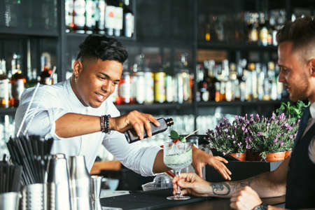 Mixed race male expert bartender is serving some tonic for a cocktail at the bar counter while a smiling waiter is holding the cocktail glassの写真素材