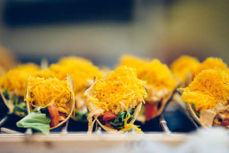Close up view of delicious and tasty spanish tapas of pita bread, cheese and salad on a trayの写真素材