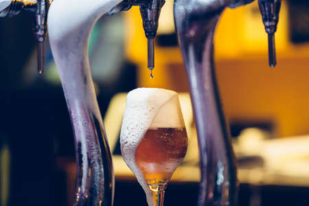 Close up view of a appetizing and fresh glass of beer poured from a beer tap in the barの写真素材
