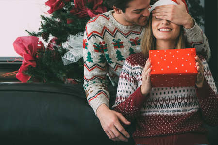 Cropped view of a young man is surprising with a Christmas gift to his smiling beloved woman near the fir tree and wearing Christmas sweatersの写真素材