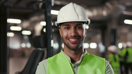 Multi-Ethnic Man Worker in Protective Yellow Vest Looking at Camera. Engineer Standing and Posing...