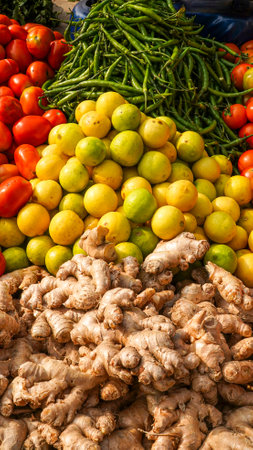 Ginger and lemons on the counter of a market in Indiaの写真素材