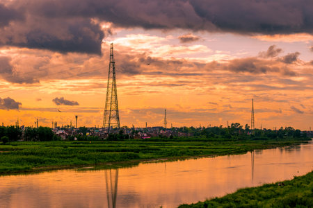 Landscape of the river at sunset with a beautiful cloudy sky.の写真素材